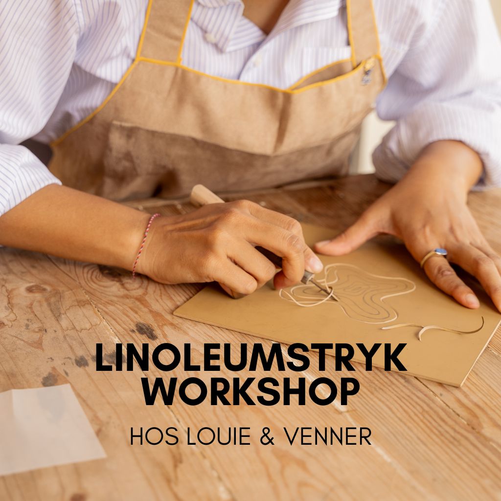 kreativ workshop, linoleumstryk, kvinde snitter i linoleumstryk hos louie og venner